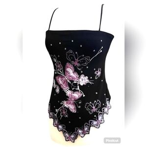 Vintage 90's 'I Love You' goth black/pink butterfly spaghetti strap top 2XL